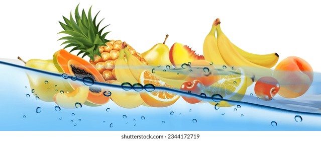 Fresh fruit and sweet berries  in transparent water and oxygen bubble. Pineapple, banana, cherry, orange, guava, pear, citron, peach, mango, papaya. Vector.