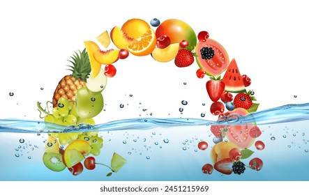 Fruta fresca y bayas dulces en burbujas transparentes de agua y oxígeno. Piña, plátano, cereza, naranja, guayaba, pera, cítrico, melocotón, mango, papaya, uva, kiwi, fresa, naranja. Vector.