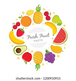 Fresh fruit taste background, Fresh colorful fruits arranged in circle. Vector illustration
