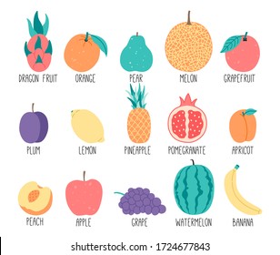 Fresh fruit, tropical vegetarian food, time to detox with organic vitamins diet. Hand drawn vector illustration on isolated background in flat cartoon style. 
