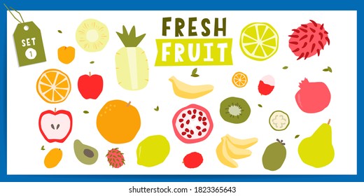 Fresh fruit vector clipart set 1. Traditional apple, pear, half of a citrus, avocado, exotic kumquat, feijoa, guavasteen, kiwi, rambutan, lychee pieled and green price tag with a twine. 