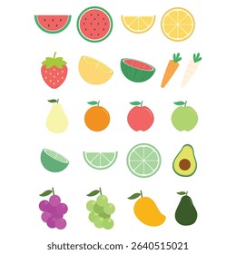 Fresh Fruit Vector Flat Illustration Colorful Watermelon Apple Lemon Avocado Grape Muscat Grape Pear Healthy