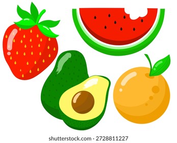 Conjunto de iconos de vectores de frutas frescas con fresa, sandía, naranja y aguacate