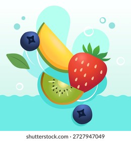 Ilustração de vetor de frutas frescas com morango, manga, kiwi e mirtilo. conceito de comida saudável colorida, ingredientes naturais, frutas orgânicas, estilo de design plano. Adequado para embalagens de alimentos, produtos de saúde, cartazes e web design.