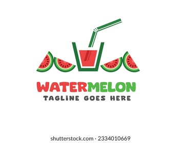 Fresh fruit vector juice logo design template with different watermelon fruit slices and a glass which is filled with watermelon juice