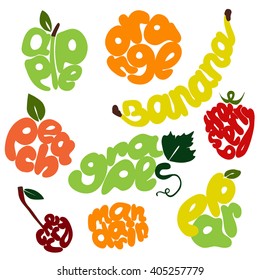 Fresh fruit vector lettering set. Hand written fruit titles. Word banana written by hand. Banana lettering. Juicy lettering. Apple lettering. Grapes lettering. Creative lettering.  Bright lettering 