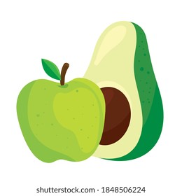 fresh fruit and vegetable, apple green and avocado, in white background vector illustration design