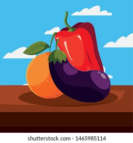 fresh fruit vegetable eggplant oranger on table outdoors