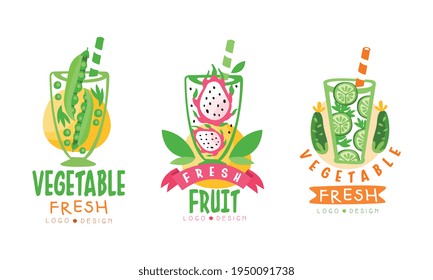 Fresh Fruit and Vegetable Juice in Glass with Straw Logo Design Vector Set