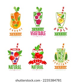 Fresh Fruit and Vegetable Juice in Glass with Straw Logo Design Vector Set