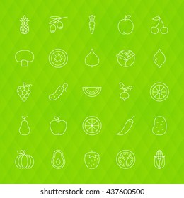 Fresh Fruit and Vegetable Line Icons Set over Polygonal Background. Vector Set of Modern Thin Outline Healthy Vegetarian Diet Food Items.