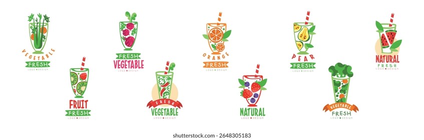 Fresh Fruit and Vegetable Smoothie and Drink Logo Design Vector Set
