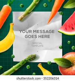 Fresh fruit and vegetables, background for cooking class, copy space, vector illustration.