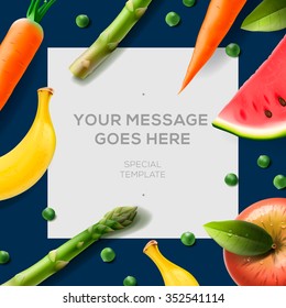 Fresh fruit and vegetables, background for cooking recipe, copy space, vector illustration.