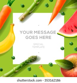 Fresh fruit and vegetables, background for cooking recipe, copy space, vector illustration.