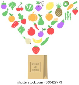 Fresh fruit and vegetables fly in a paper bag, natural and healthy food. Concept vector illustration for your web design or banner for business