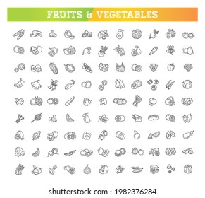 frutas y verduras frescas. Diseño plano de línea delgada