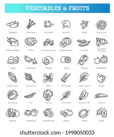 Fresh fruit and vegetables. Vector Icons set