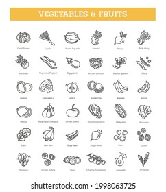 frutas y verduras frescas. Conjunto de iconos vectores