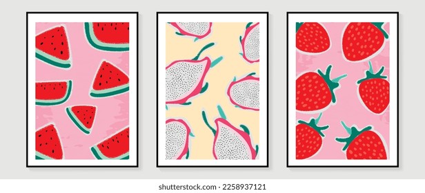 Fresh fruit wall art background vector set. Tropical fruit watercolor texture of watermelon, dragon fruit and strawberry. Spring and summer season design for home decor, interior, wallpaper, fabric.