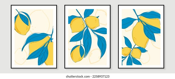 Conjunto de vectores de fondo de arte mural de fruta fresca. Acuarela de fruta tropical y textura de arte de línea de limón con rama de hoja. Diseño primaveral y veraniego para la decoración casera, interior, papel pintado, tela.