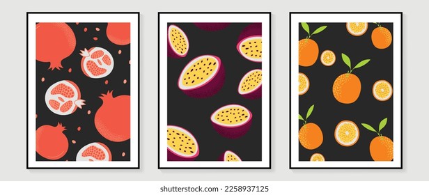 Fresh fruit wall art background vector set. Tropical fruit watercolor texture of pomegranate, passion fruit and orange. Spring and summer season design for home decor, interior, wallpaper, fabric.