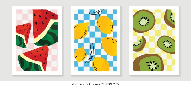 Fresh fruit wall art background vector set. Tropical fruit watercolor watermelon, lemon and kiwi on pastel grid background. Spring and summer season design for home decor, interior, wallpaper, fabric.