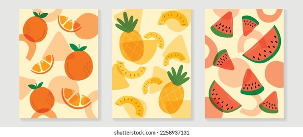 Fresh fruit wall art background vector set. Tropical fruit pattern minimal collection of orange, pineapple and watermelon. Spring and summer season design for home decor, interior, wallpaper, fabric.