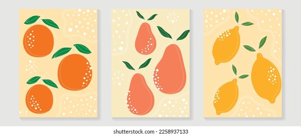 Fresh fruit wall art background vector set. Minimal drawing tropical fruit of orange, mango and lemon with dot texture. Spring and summer season design for home decor, interior, wallpaper, fabric.