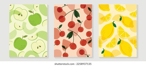 Fresh fruit wall art background vector set. Tropical fruit pattern minimal collection of green apples, cherry and lemon. Spring and summer season design for home decor, interior, wallpaper, fabric.
