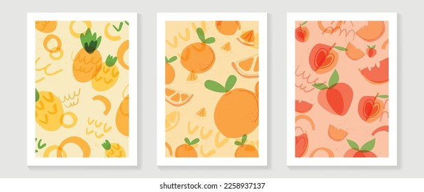 Fresh fruit wall art background vector set. Tropical pineapple, strawberry and orange with abstract scribble drawing style. Spring and summer season design for home decor, interior, wallpaper, fabric.