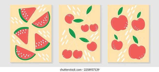 Fresh fruit wall art background vector set. Tropical fruit of watermelon, cherry and apple with comic dot and line texture. Spring and summer season design for home decor, interior, wallpaper, fabric.