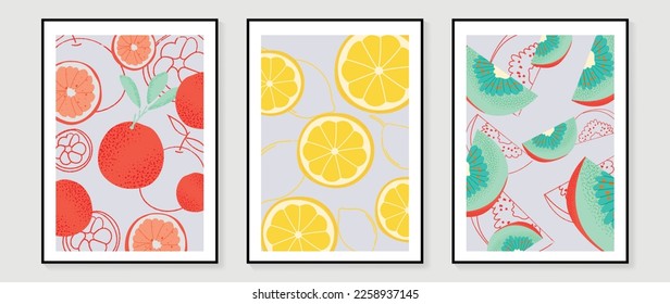 Fresh fruit wall art background vector set. Tropical fruit of orange, lemon and kiwi with watercolor dot and line texture. Spring and summer season design for home decor, interior, wallpaper, fabric.