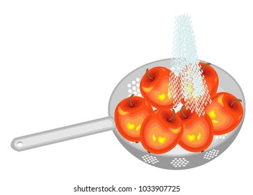 Fresh fruit is washed under running water. In a colander, ripe juicy apples. Collected fruits should be eaten clean. Vector illustration.