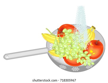Fresh fruit is washed under running water. In a colander there are grapes, apples and bananas. Juicy fruit should be eaten clean. Vector illustration