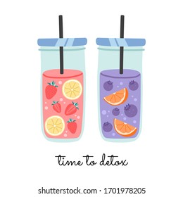 Fresh, fruit water in glasses jar with straw. Time to detox. Strawberries and blueberries smoothie with lemon and orange slice. Vector illustration, isolated background.