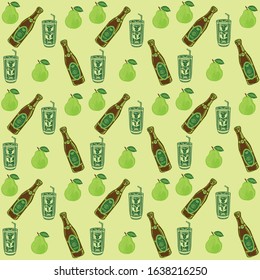 fresh fruit, watermelon, pears, with a pattern of bottles and cups of juice with the concept of healthy drinks. Summer fruit arrangement. - vector