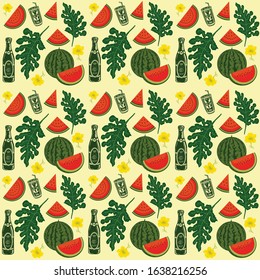 fresh fruit, watermelon, pears, with a pattern of bottles and cups of juice with the concept of healthy drinks. Summer fruit arrangement. - vector