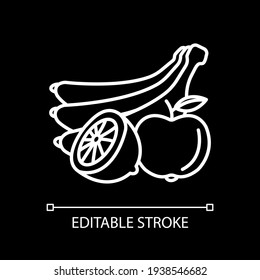 Fresh fruit white linear icon for dark theme. Nutrition, nourishment. Dietary food. Healthy eating. Thin line customizable illustration. Isolated vector contour symbol for night mode. Editable stroke