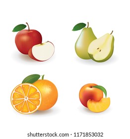 Fresh fruits. Apple, pear, orange and peach with slices. vector illustration