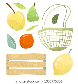 Fresh fruits apple, pear, wooden box, eco bag. The concept of the harvest festival. Flat vector illustration, isolated on white background.