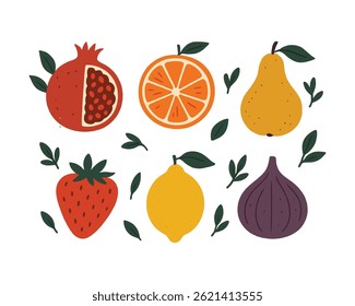 Sortimento de frutas frescas. Romã, laranja, pera, morango, limão, figo.