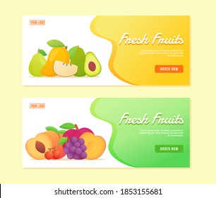 Fresh Fruits avocado apple guava mango pear peach cherry plum grape campaign for ui ux template banner with color flat style