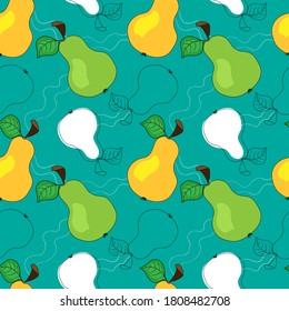 Fresh fruits background in flat style. Overlapping backdrop. Colorful wallpaper vector stock illustration. Seamless pattern with pears collection. Decor for printing, fabric, wallpaper etc