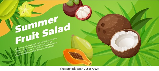 Frische Früchte Banner mit Platz für Text Vektorgrafik. Tropische essbare Pflanze frisch köstliche Dessert-Werbung mit Kokosmangosteen-Leidenschaft Frucht exotische Regenwaldpalmen