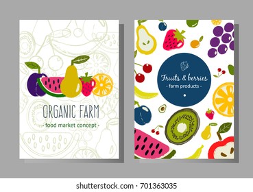 Fresh fruits banner. Vector concept for ecomarket, organic farm labels, restaurant menu. Hand drawn style.