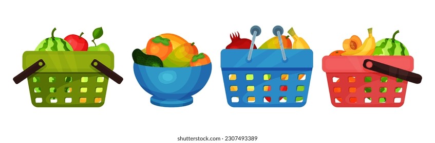 Fresh Fruits in Basket and Bowl Vector Set