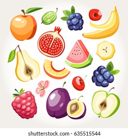 fresh fruits berries collection apricot cranberry plum pear pomergranate apple peach banana watermelon raspberry gooseberry