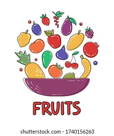 Fresh fruits and berries flying into a big pot. Cooking concept for kitchen, restaurant, cafe. Decorative vector background in flat style for advertisement, promotion. Healthy lifestyle. Juicy fruits