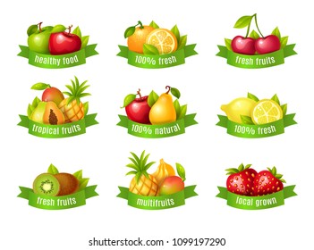 Fresh fruits and berries, healthy food labels –apples, orange, lemon, strawberry, glossy cartoon vector illustration